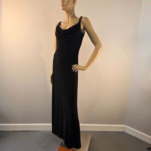 Calvin Klein Black Jersey Gown Bead Embellished Cowl Neck Sleeveless Womens Sz M